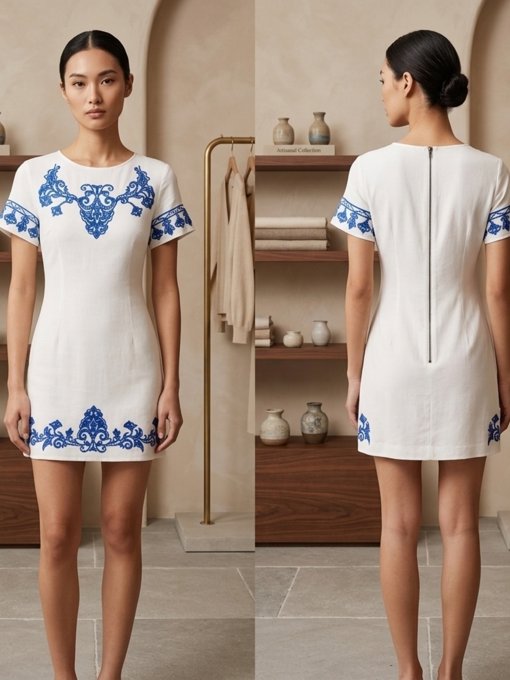 Lulu's White Mini Dress with Blue Embroidery